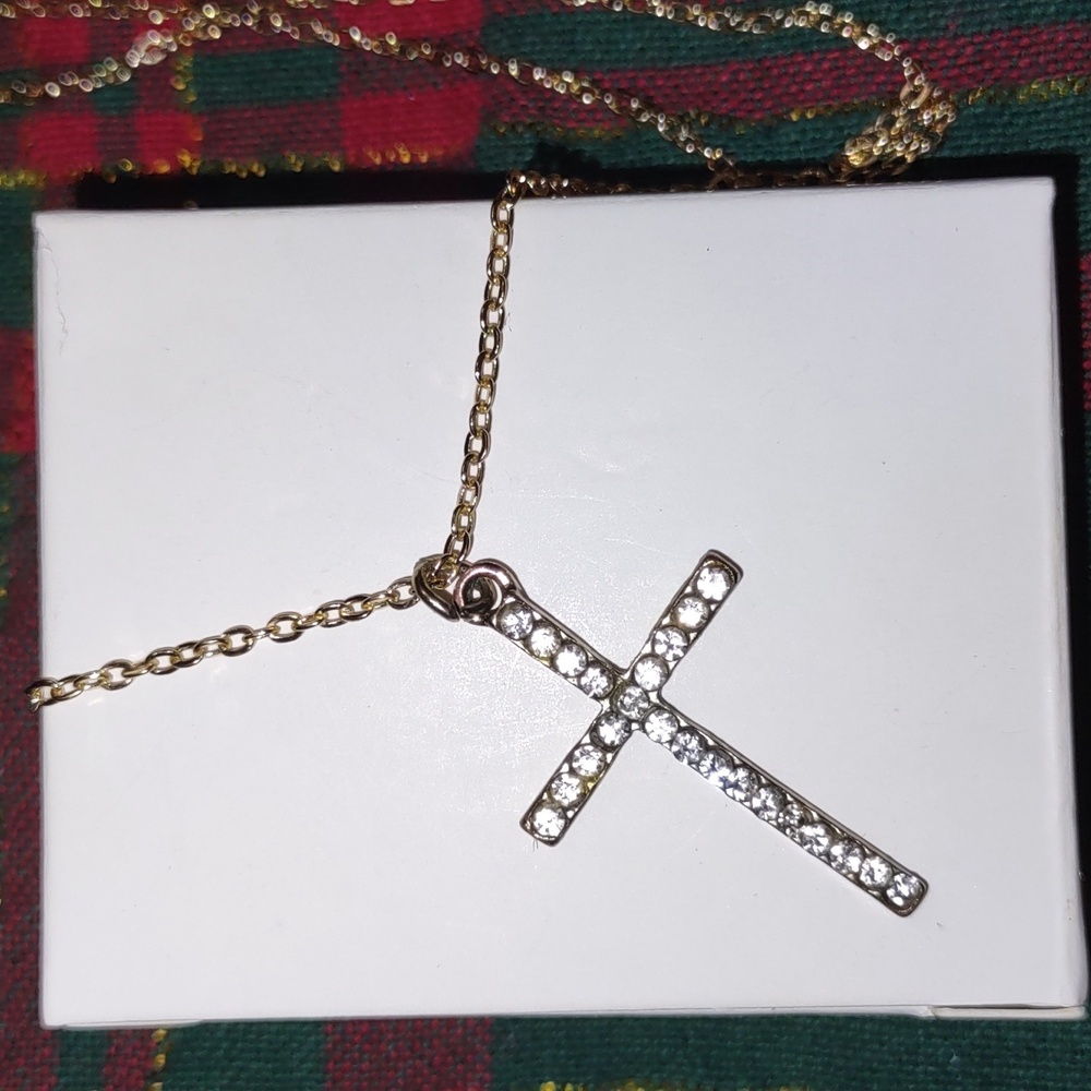 White Crystal Cross Pendant Goldtone Chain Renewed